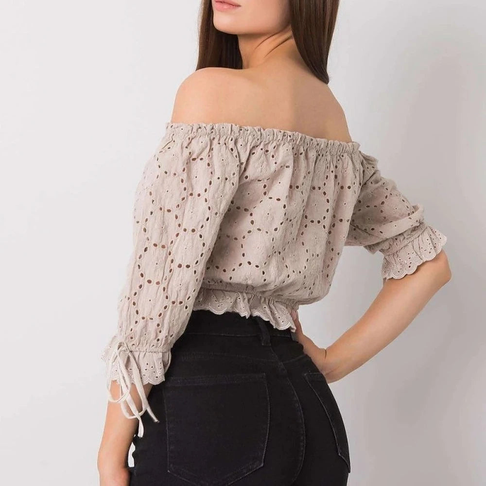 Openwork Cotton Short Sleeve Blouse