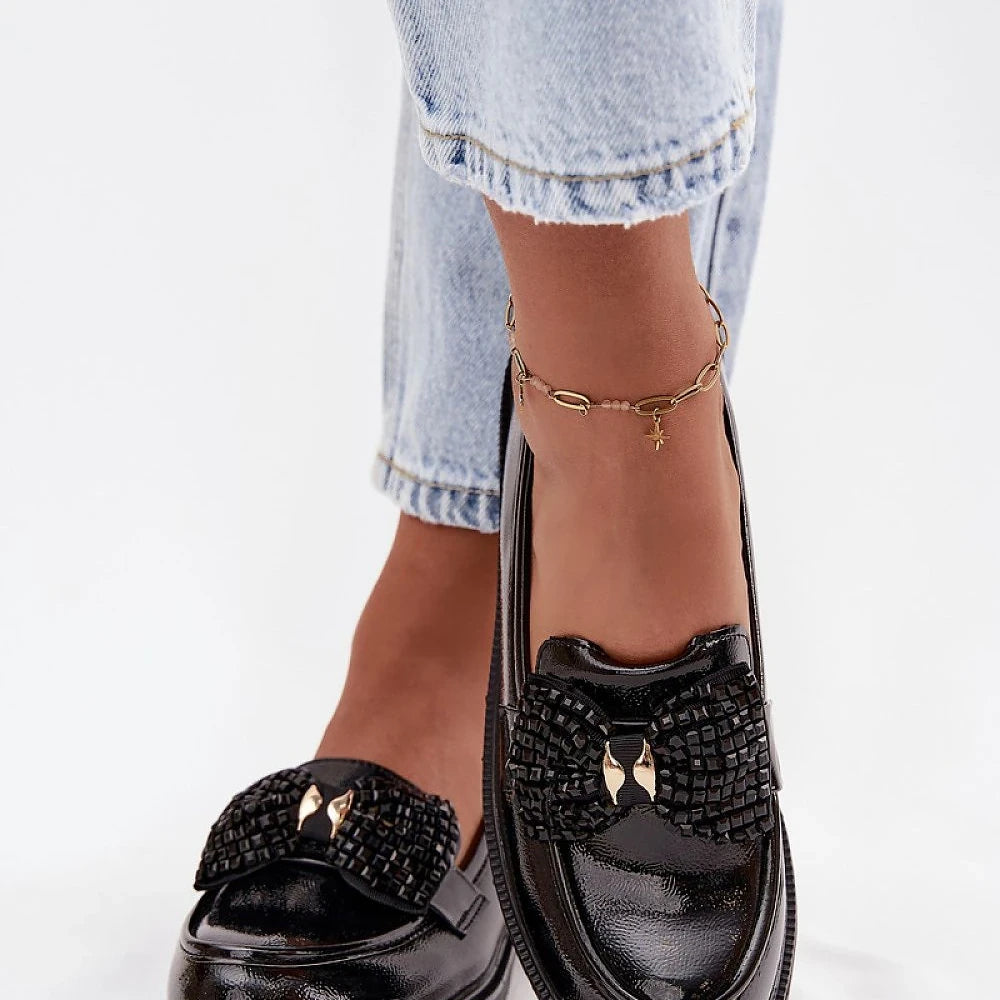 Women's Black Leather Loafers with Bow Detail
