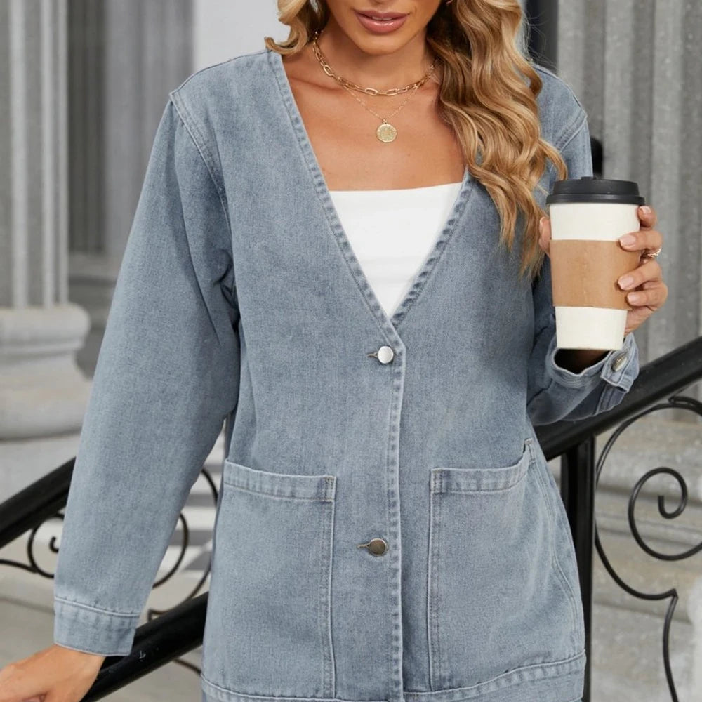 V-Neck Button Up Denim Jacket with Pockets