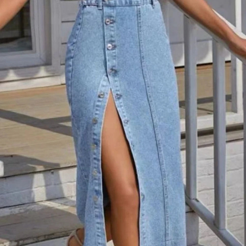 Midi Denim Skirt with Slit and Belt