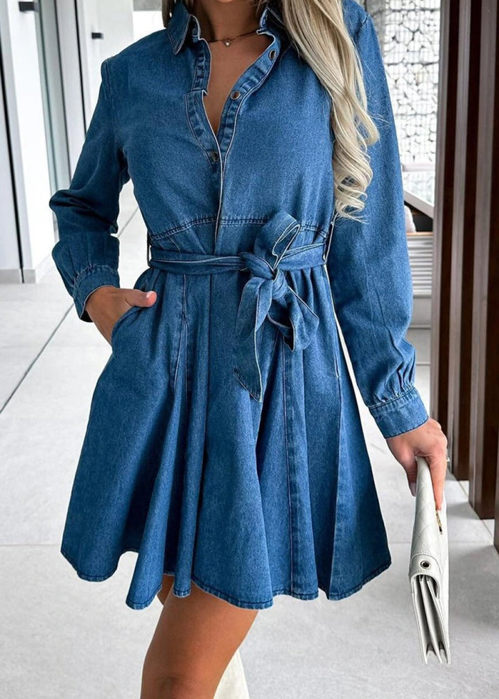 Tied Half Button Long Sleeve Denim Dress