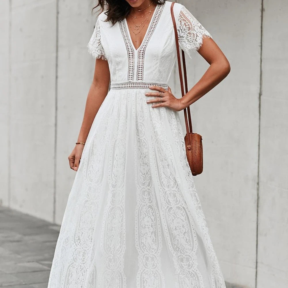 Scalloped Lace V-Neck Maxi Dress