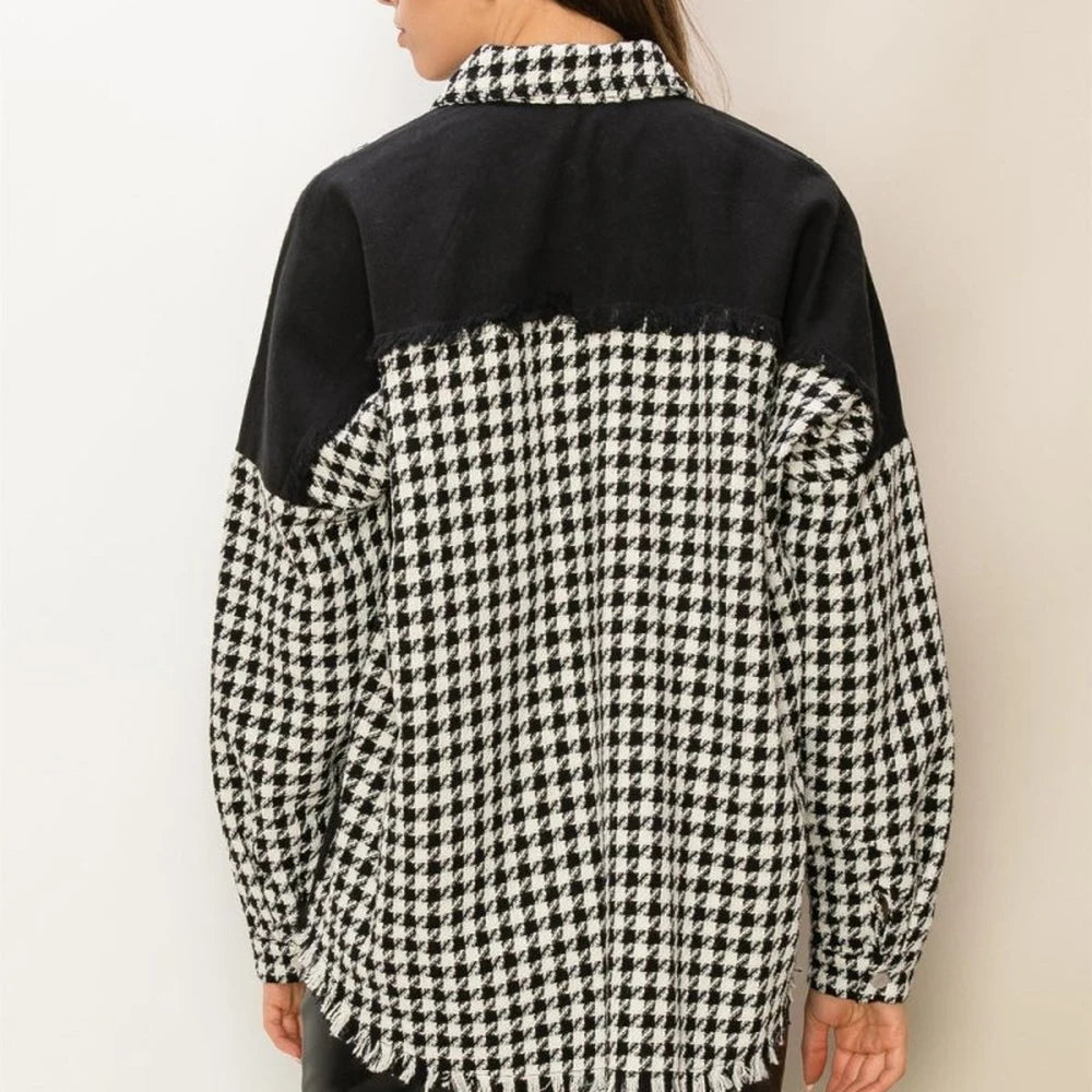 Houndstooth Contrast Raw Hem Jacket
