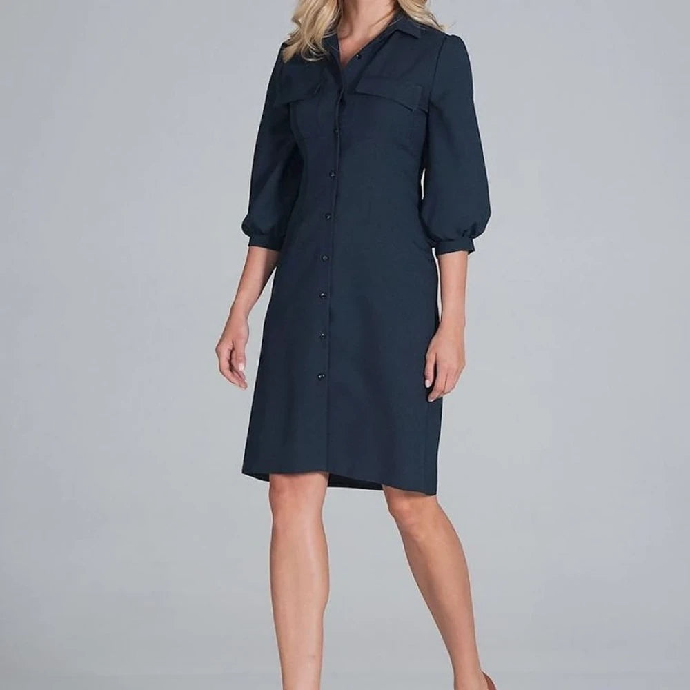Midi Shirt Dress with Collar and 3/4 Sleeves