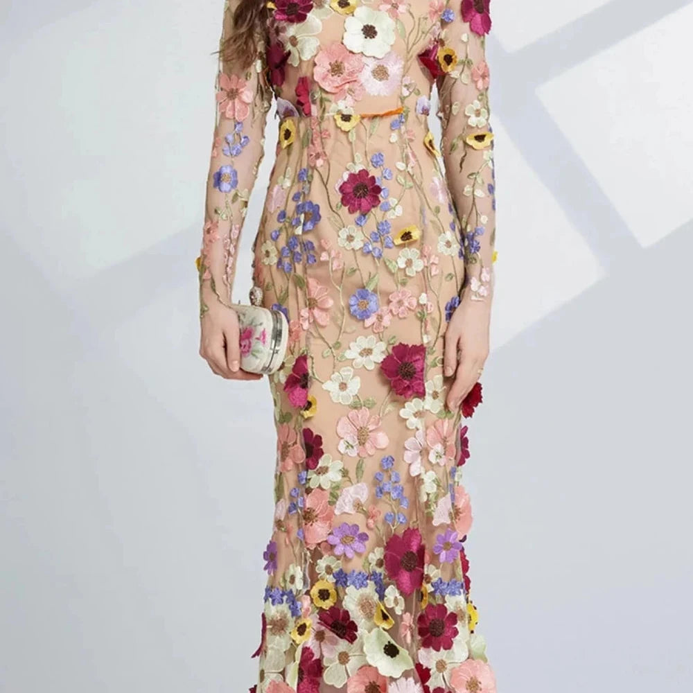 Floral Embroidered Mesh Midi Dress