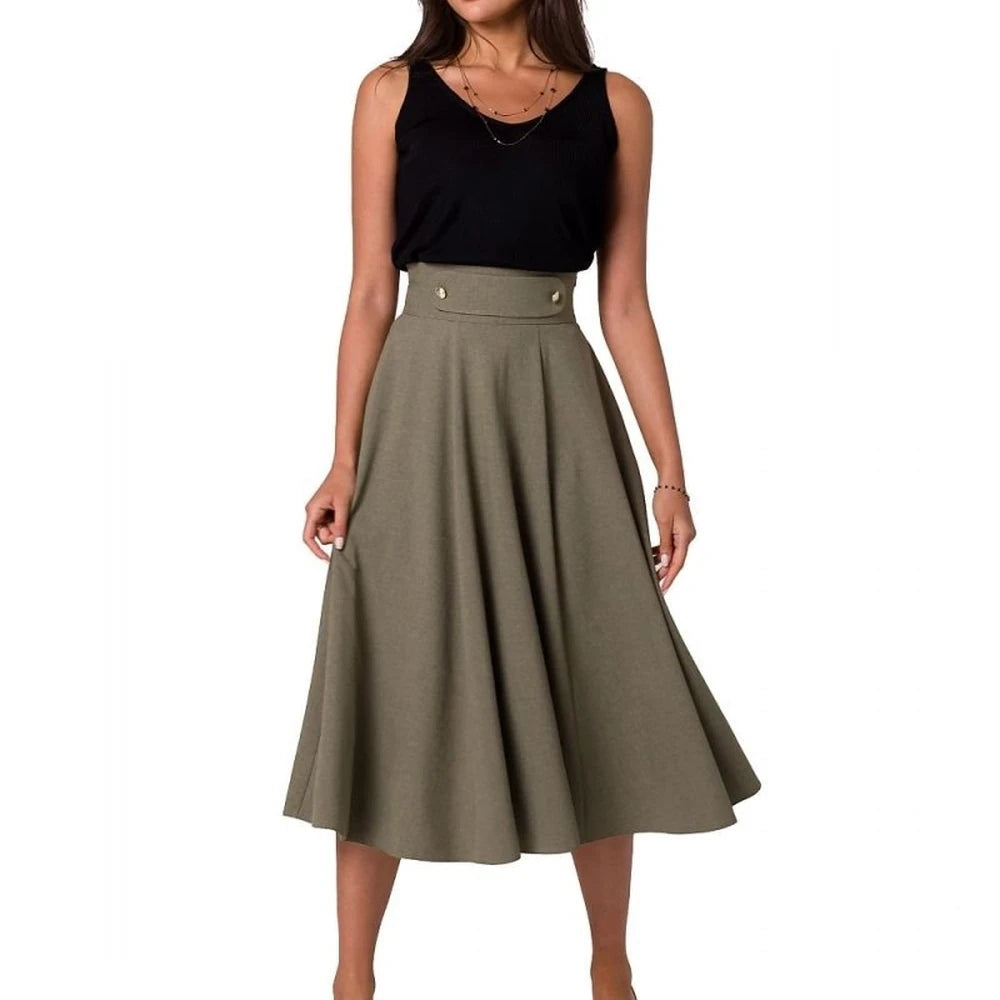 High Waist Flared Midi Skirt with Buttons