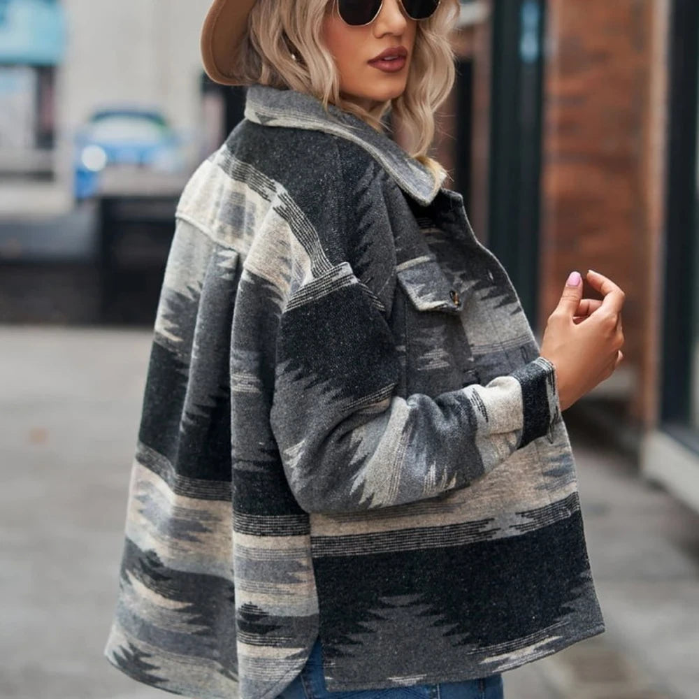 Printed Collared Neck Long Sleeve Casual Jacket