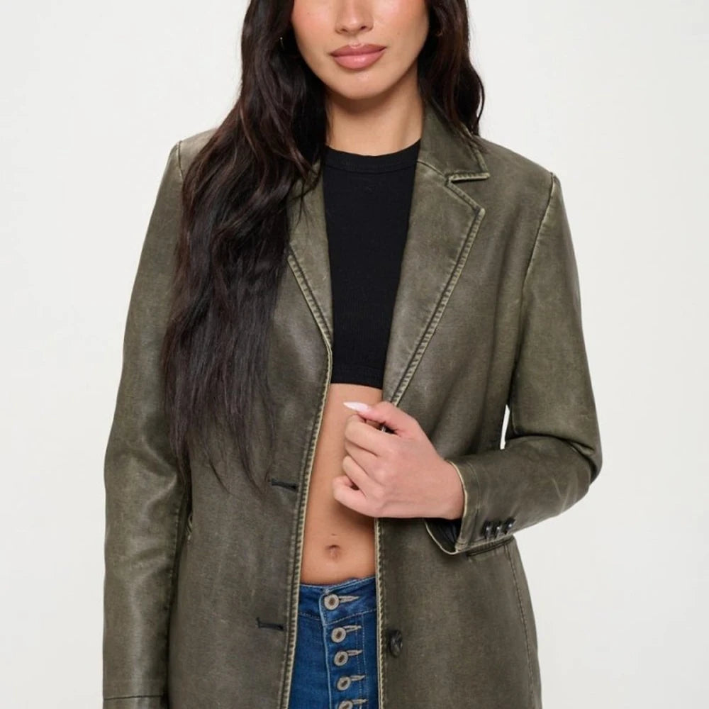 Vegan Leather Single-Breasted Blazer