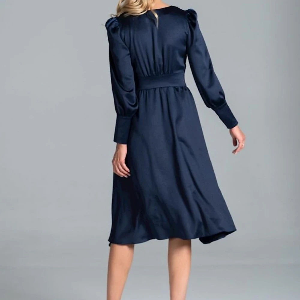 Midi Satin Dress with Lapel Neckline