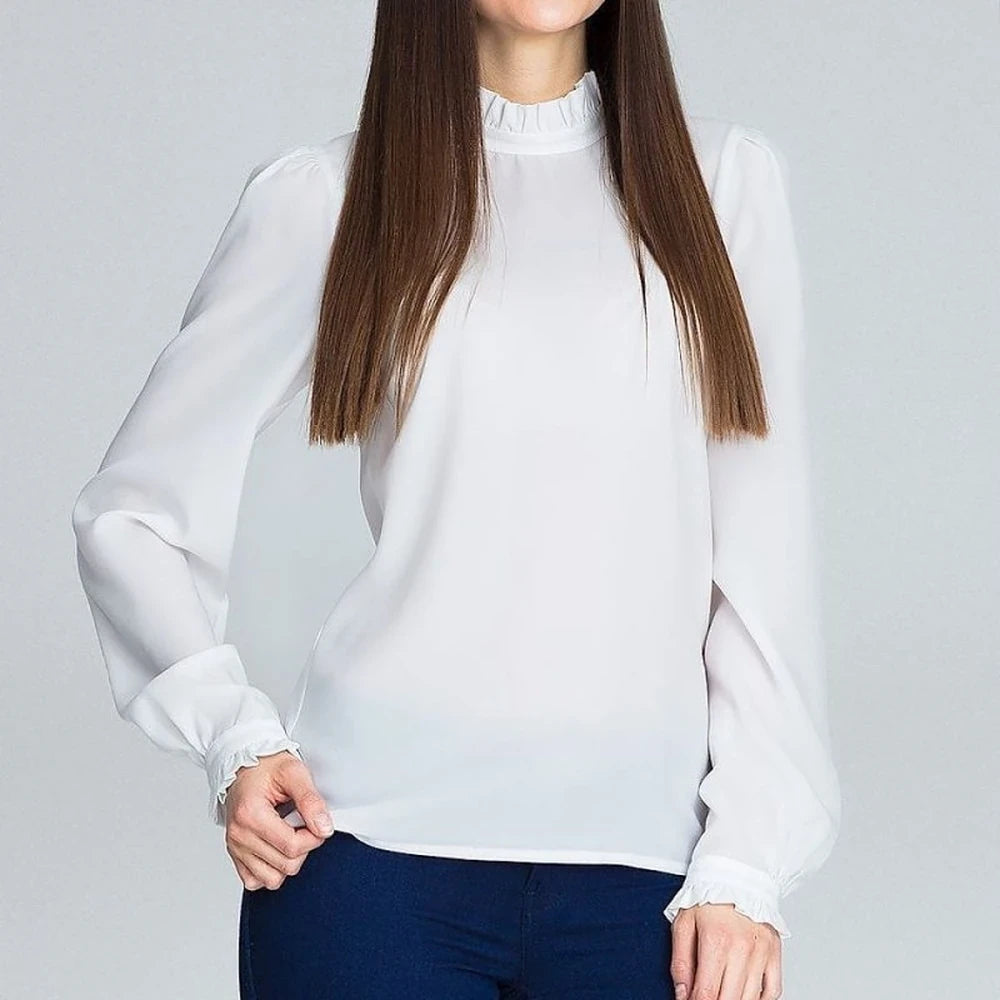 Pleated Sleeve Frill Blouse - Long Sleeve Top