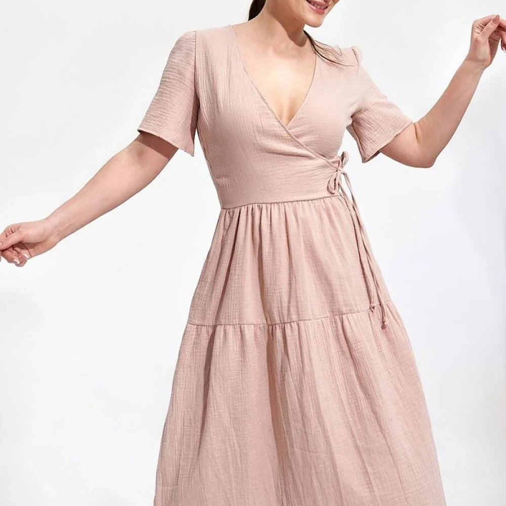 Summer Midi Dress with Envelope Neckline
