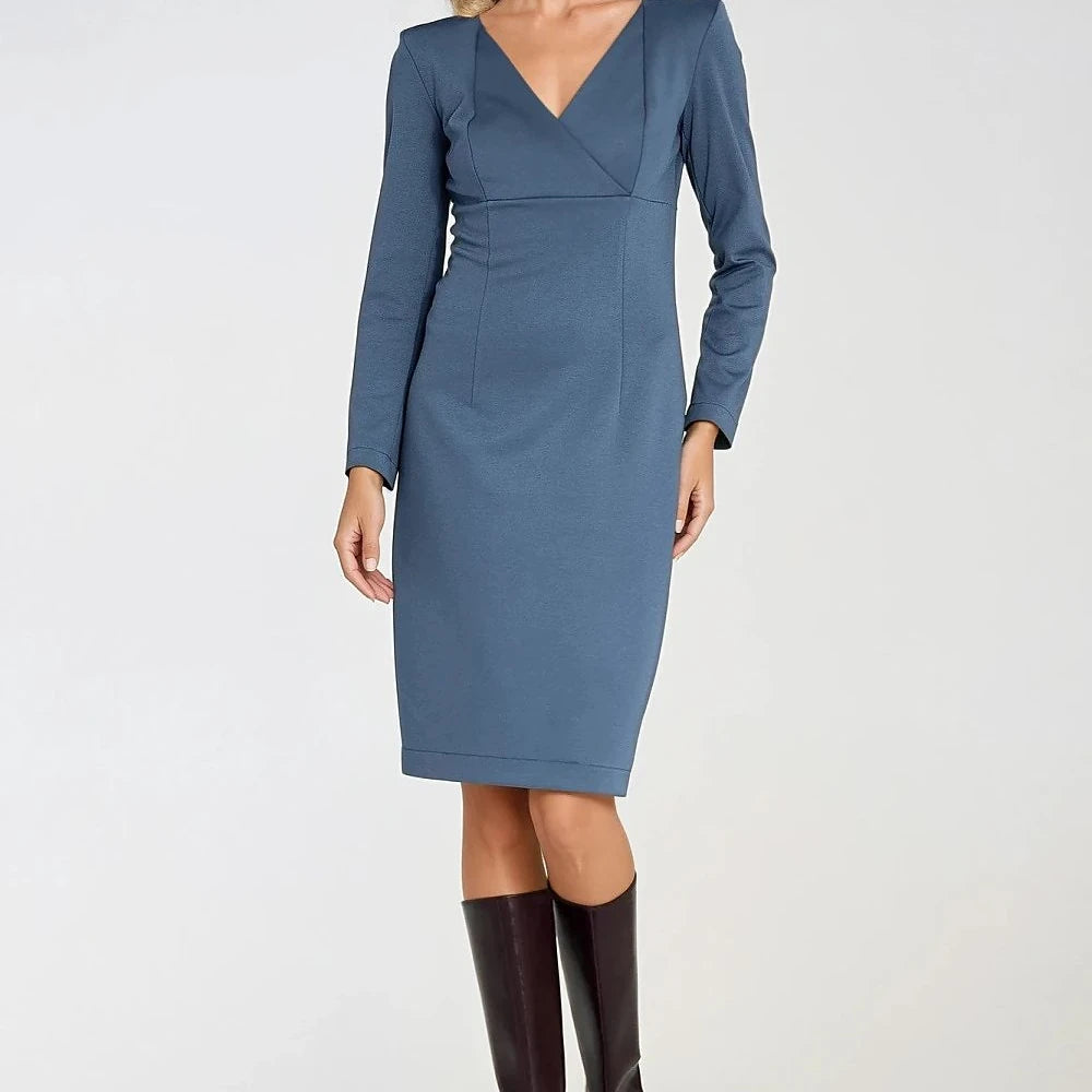 Fitted V-Neck Wrap Dress with Long Sleeves