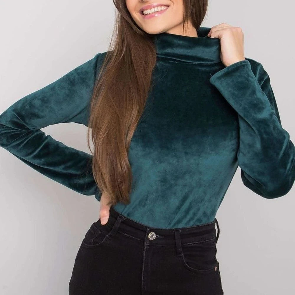 Turtleneck Velour Top with Long Sleeves