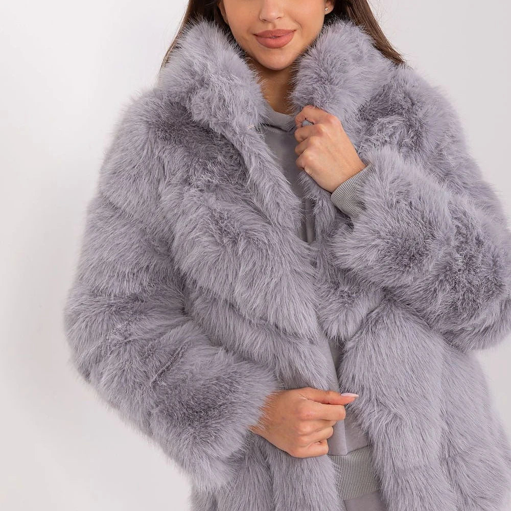 Women's Fur Hooded Jacket with Hook-and-Loop Closure