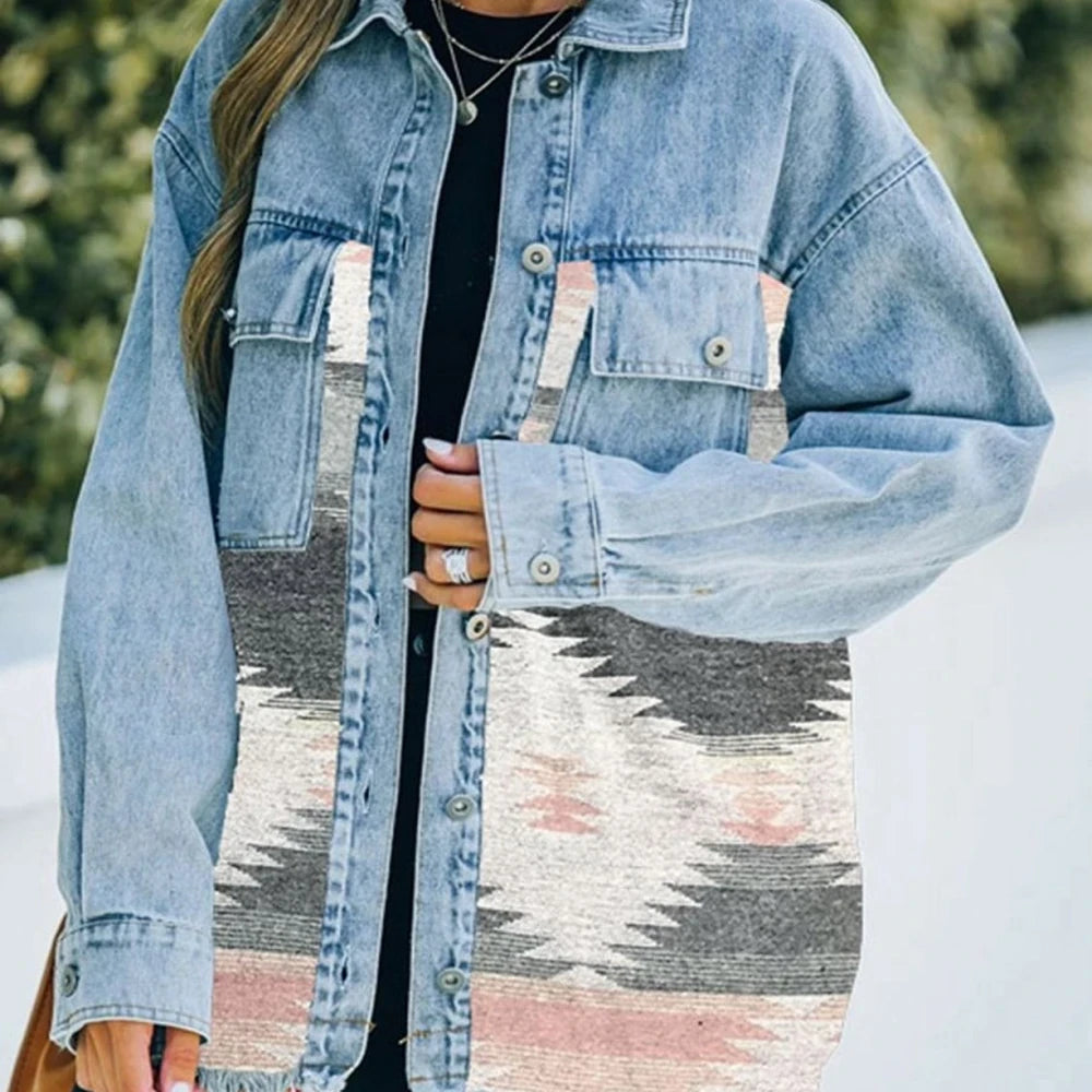 Collared Neck Denim Jacket with Raw Hem