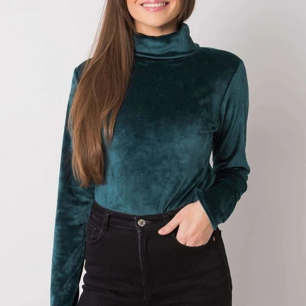 Turtleneck Velour Top with Long Sleeves