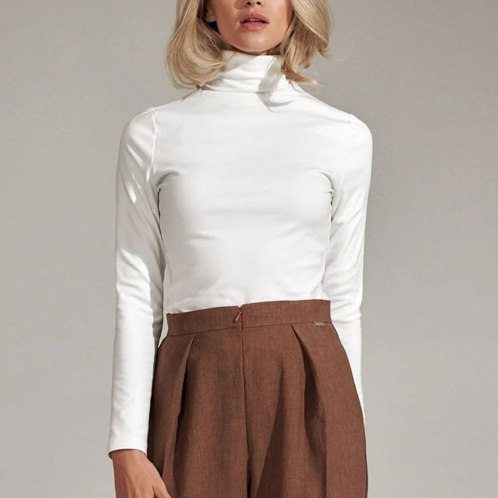 White Turtleneck Long Sleeve Blouse - Viscose Blend