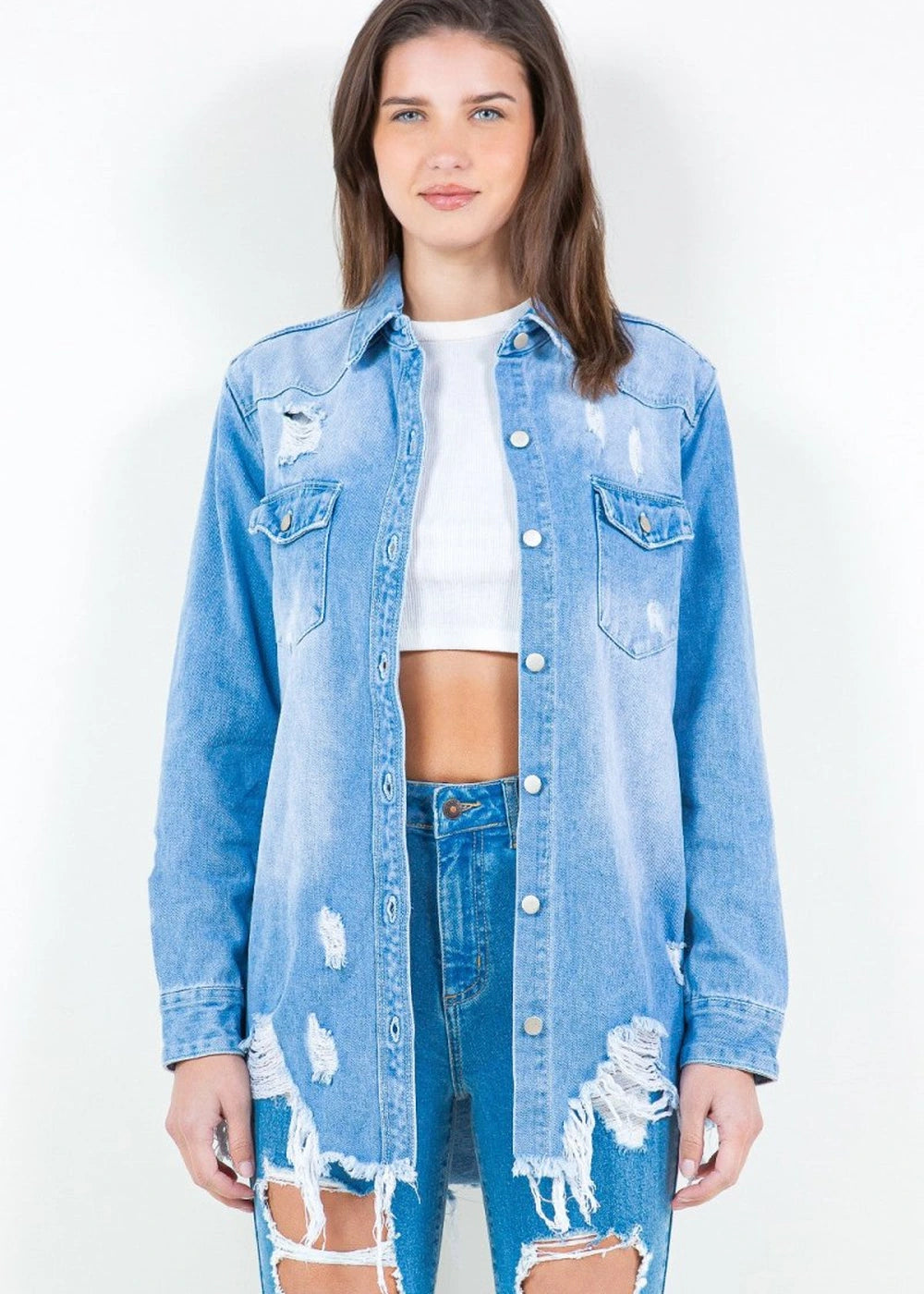 Distressed denim shirt jacket