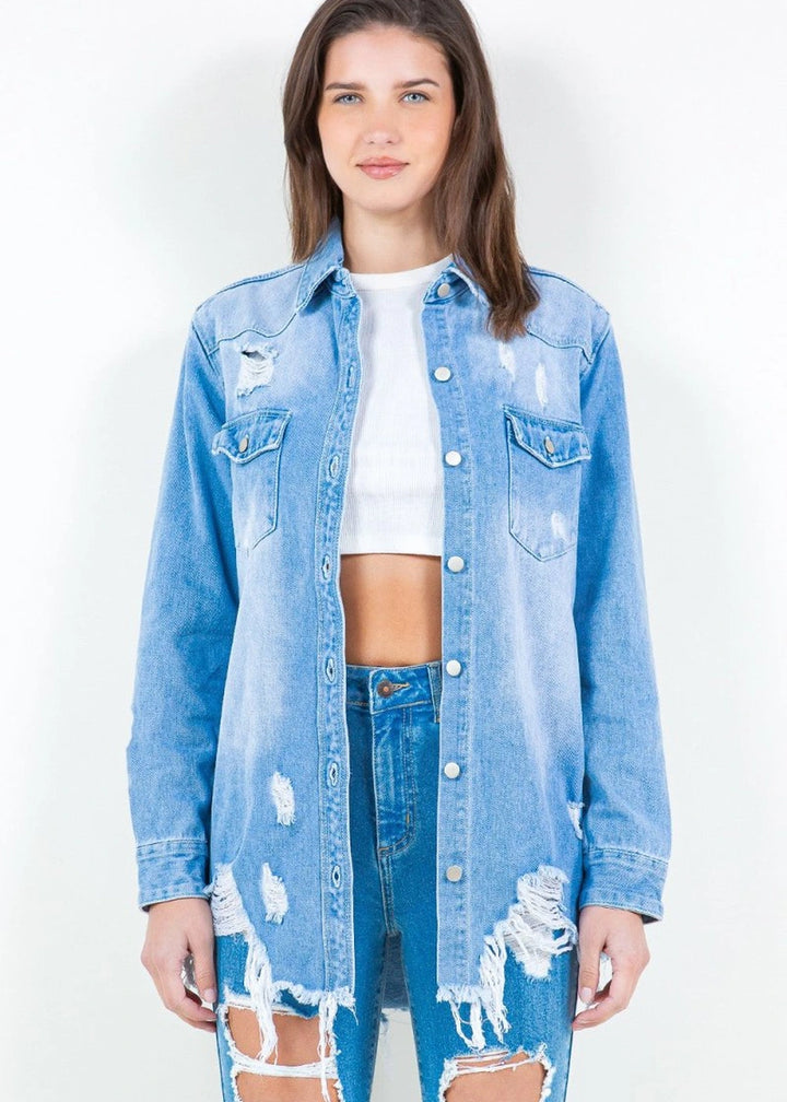 Distressed denim shirt jacket