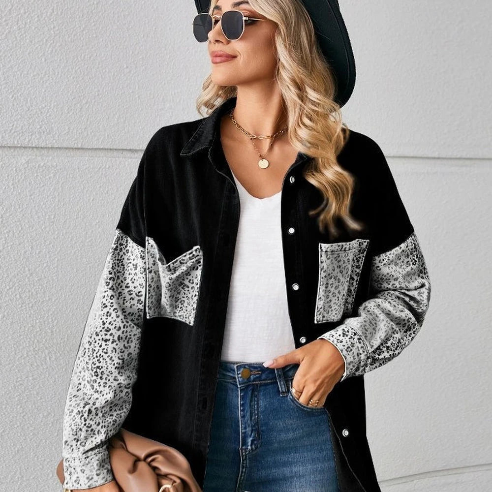 Leopard Print Button Up Denim Jacket