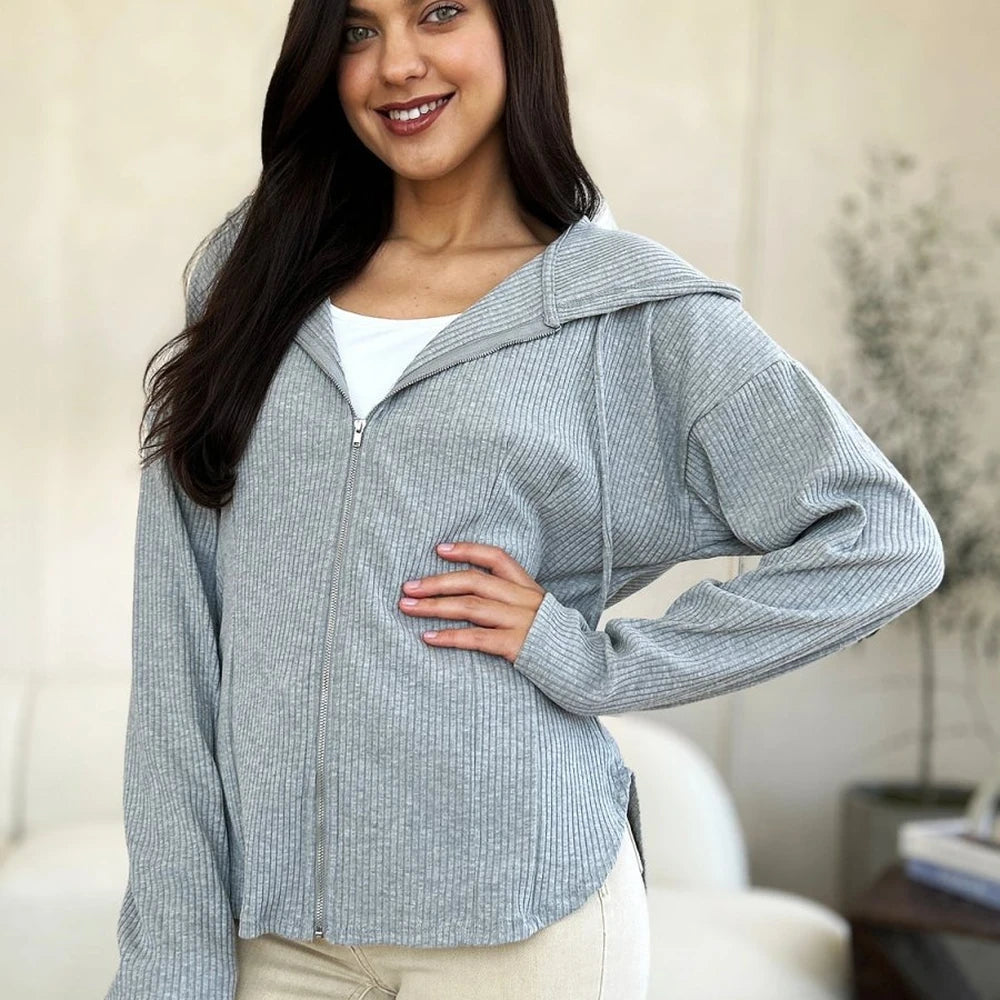 Ribbed Zip-Up Drawstring Hooded Jacket