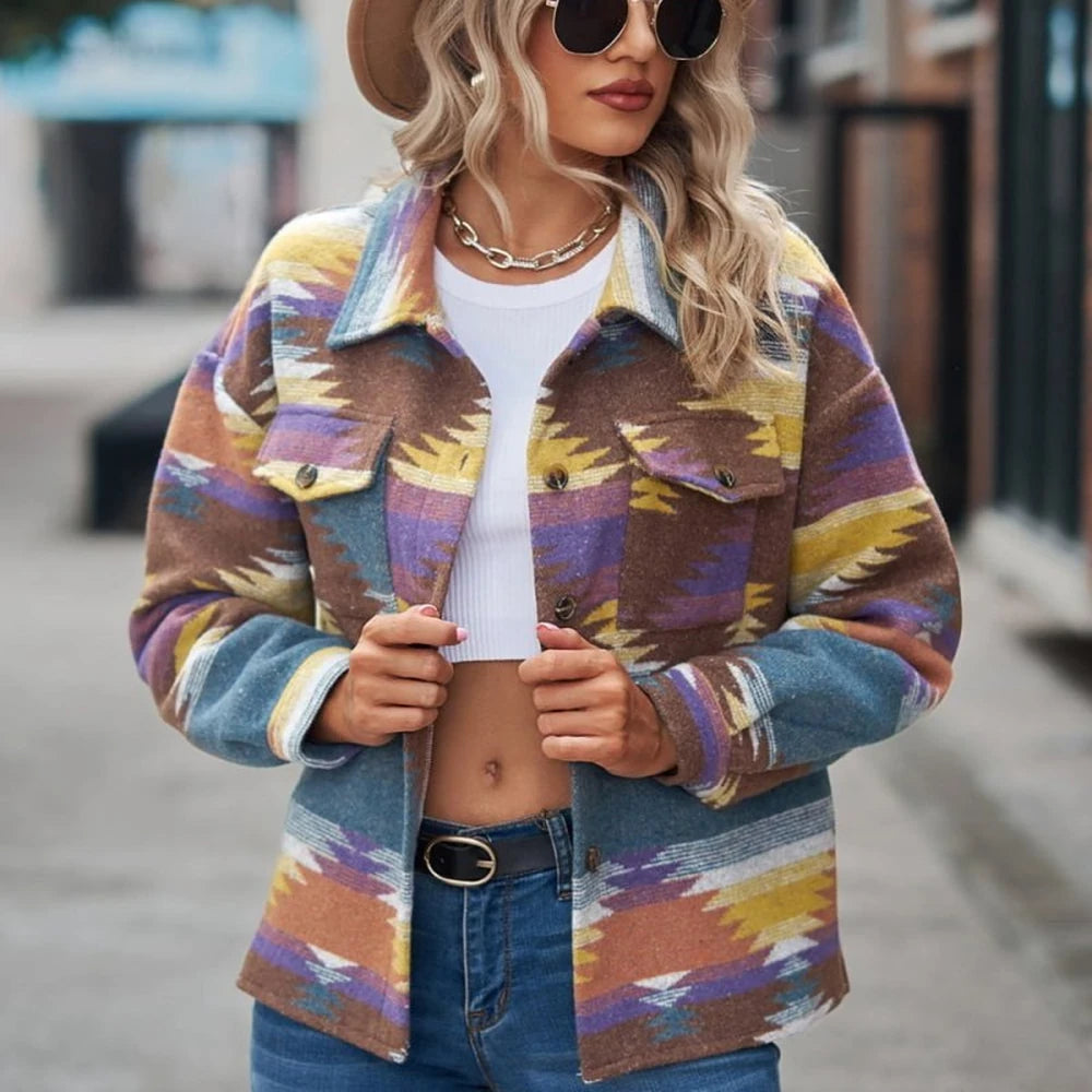 Printed Collared Neck Long Sleeve Casual Jacket
