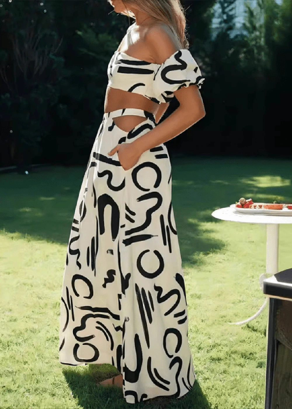 Puff sleeve split skirt suit