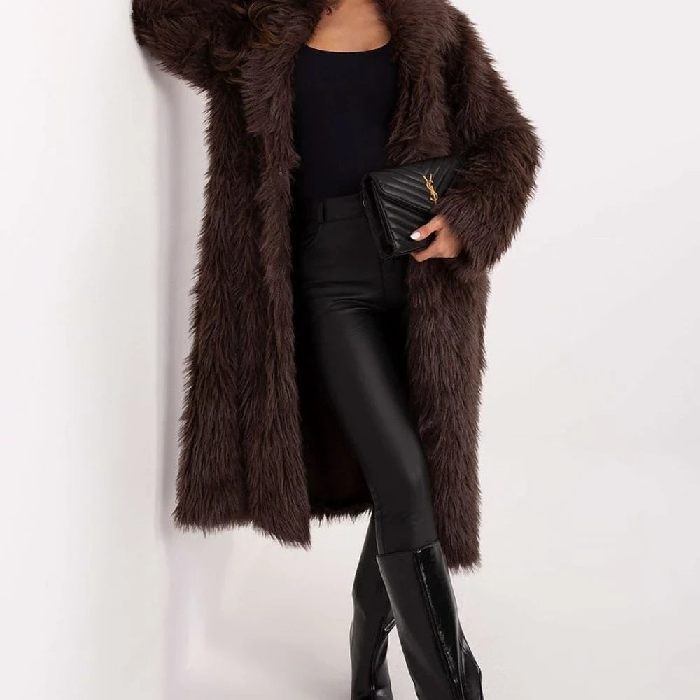 Brown Long Fur Coat with Snap Closure