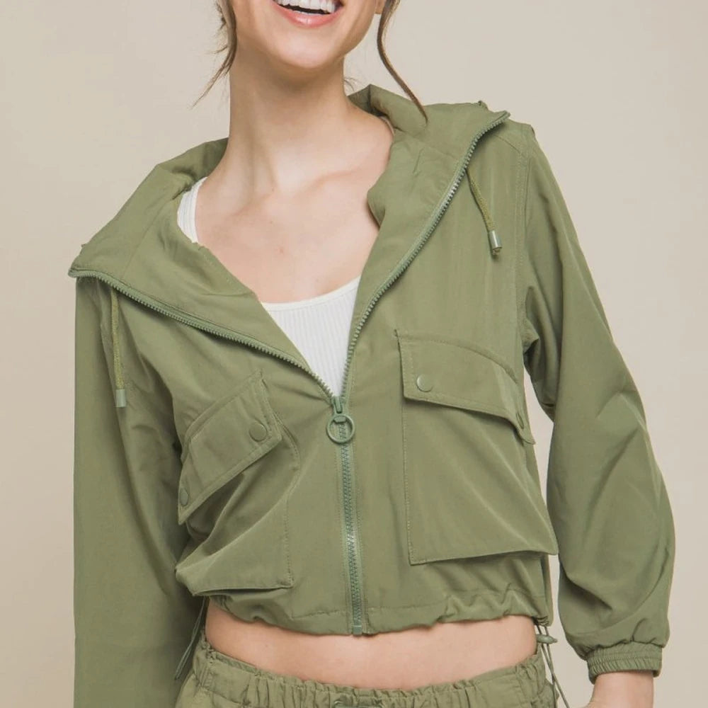 Drawstring Hem Hooded Zip-Up Jacket