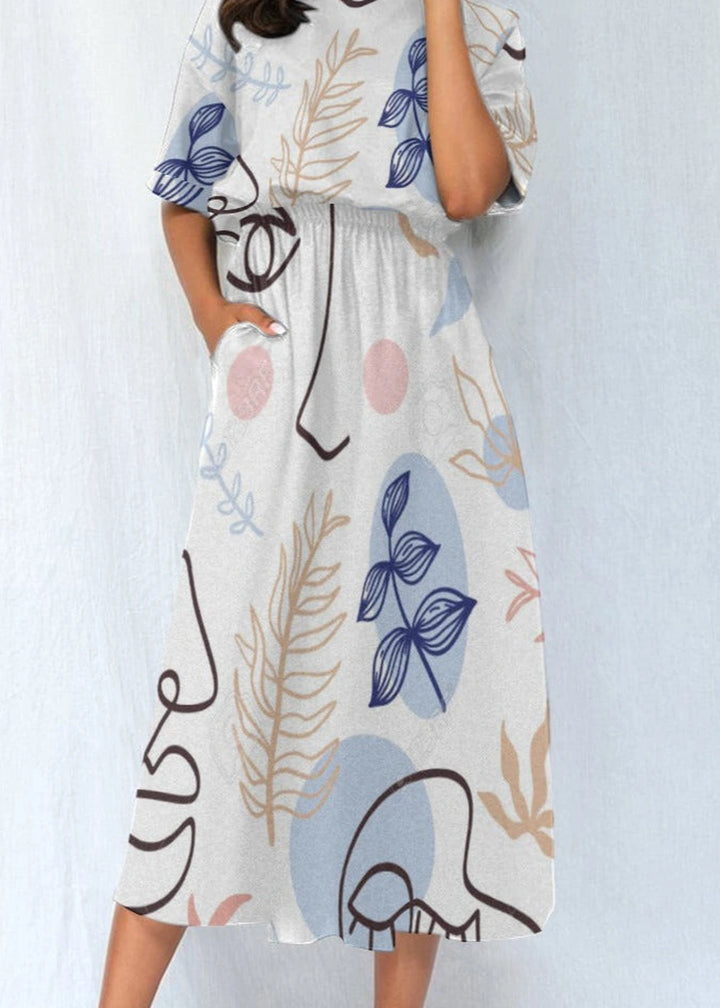 Polyester elastic waist dress with abstract print