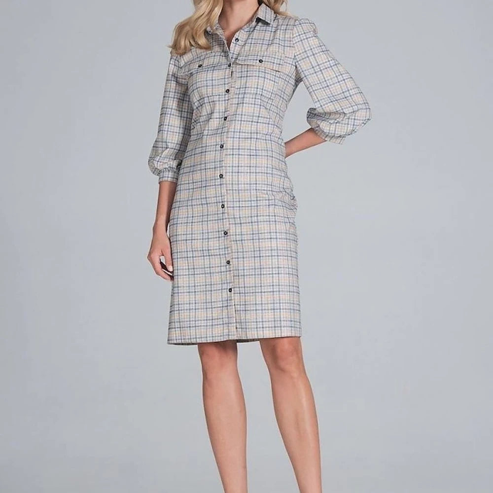 Midi Shirt Dress with Collar and 3/4 Sleeves