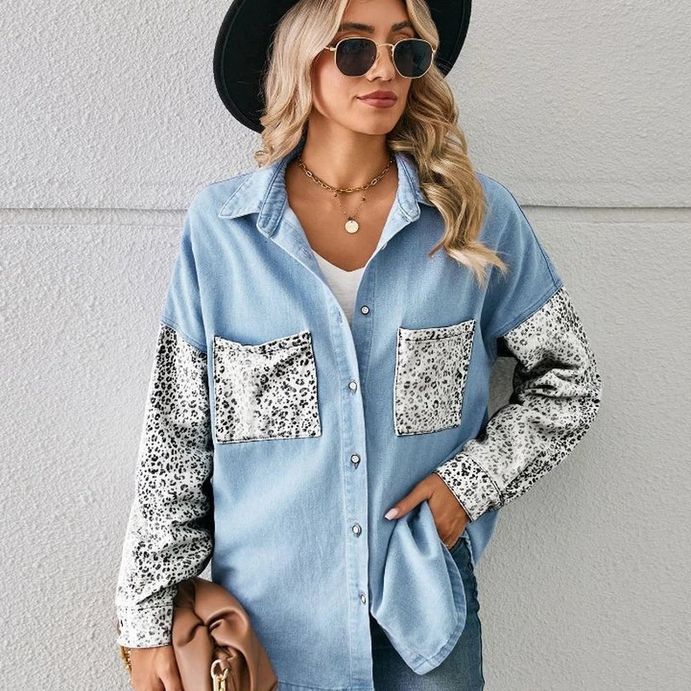 Leopard Print Button Up Denim Jacket