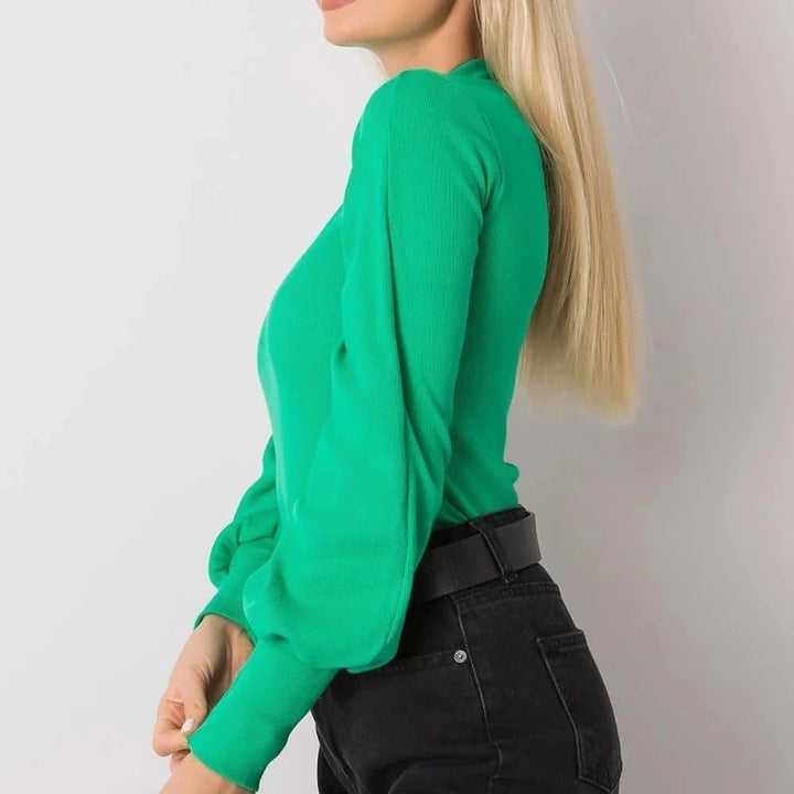 Ribbed Blouse with Long Sleeves and Wide Cuffs