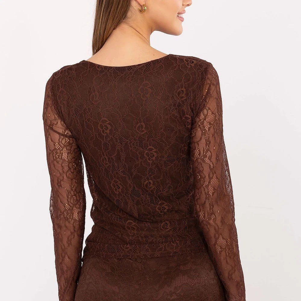 Brown Lace Blouse with Round Neck