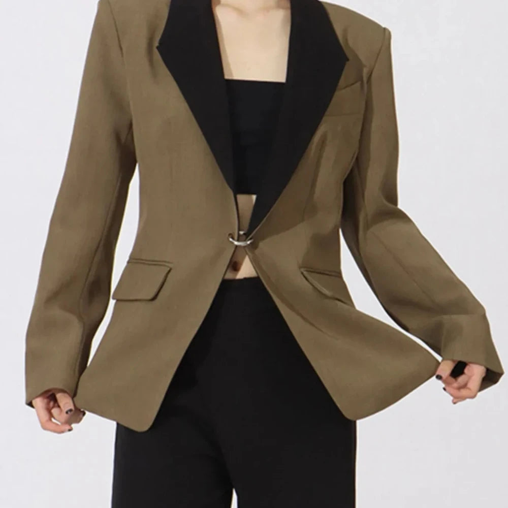 Contrast Lapel Collar Long Sleeve Blazer