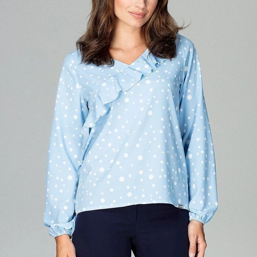 Patterned Blouse with Flounce & Elastic Cuffs