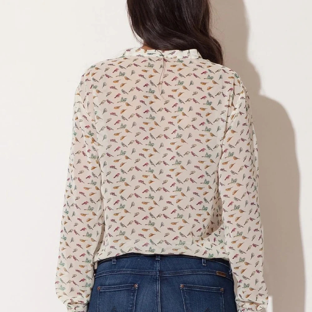 Chiffon Bird Print Shirt with Tie Neckline