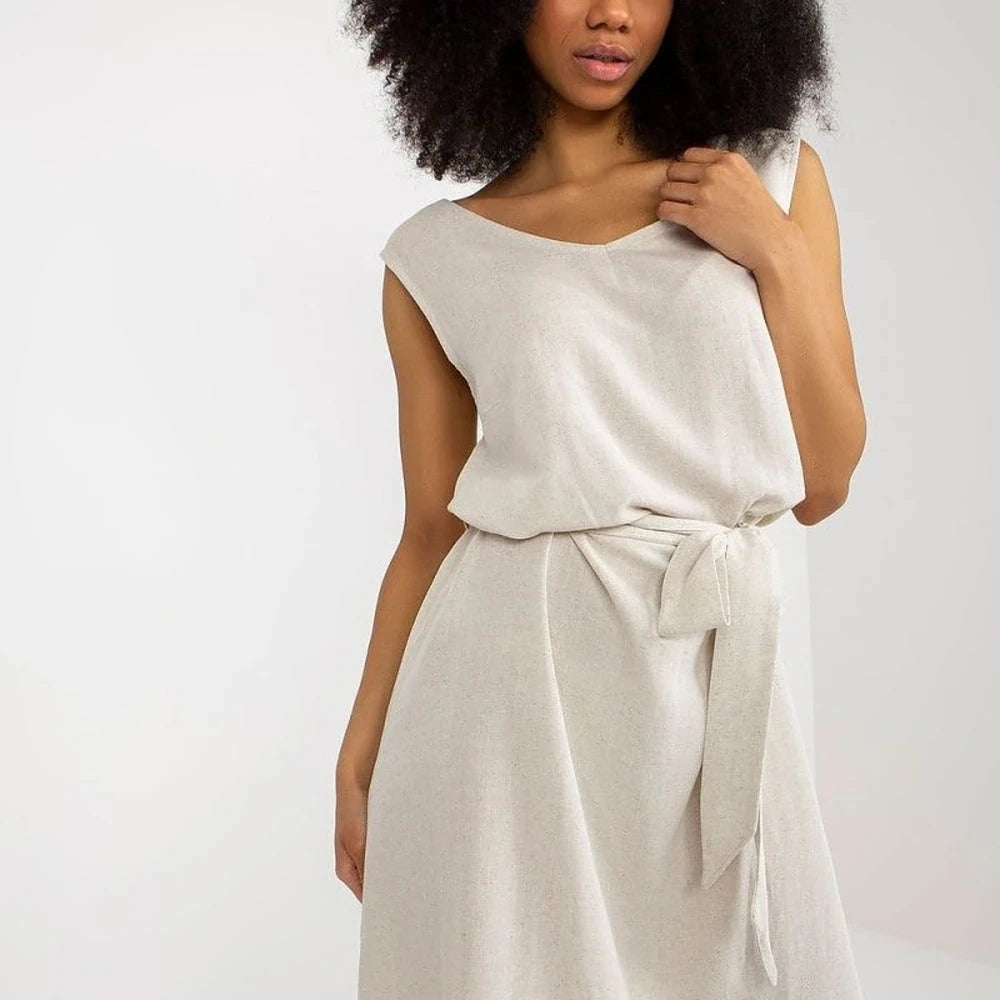 Beige V-Neck Sleeveless Summer Dress
