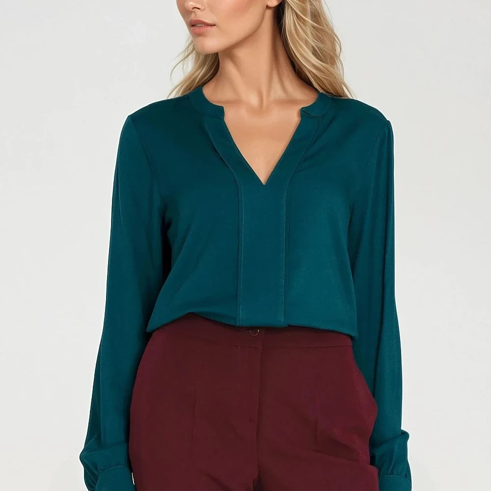 Viscose V-Neck Blouse with Pleat Detail
