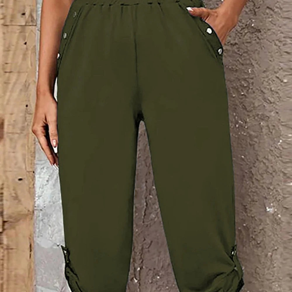Solid Capris Pants with Roll-Tab