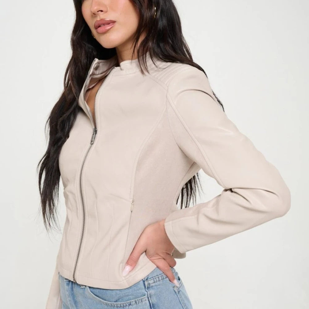 Vegan Leather Moto Jacket with Zipper