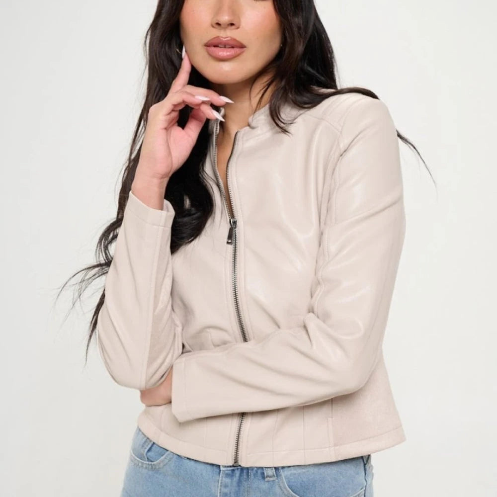 Vegan Leather Moto Jacket with Zipper