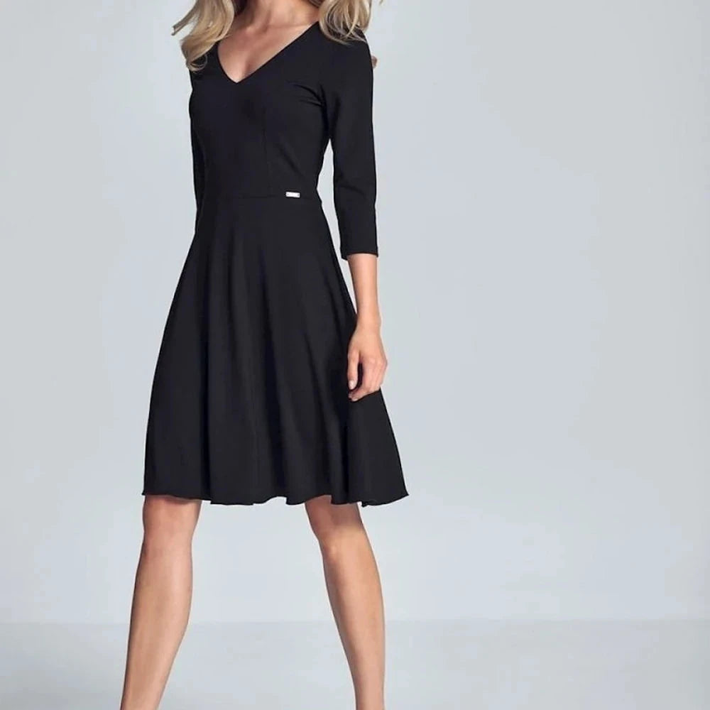 Black Midi Cocktail Dress with 3/4 Sleeves