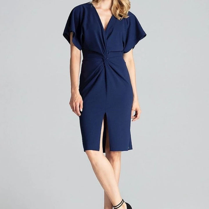Navy Blue Midi Dress with Kimono Sleeves