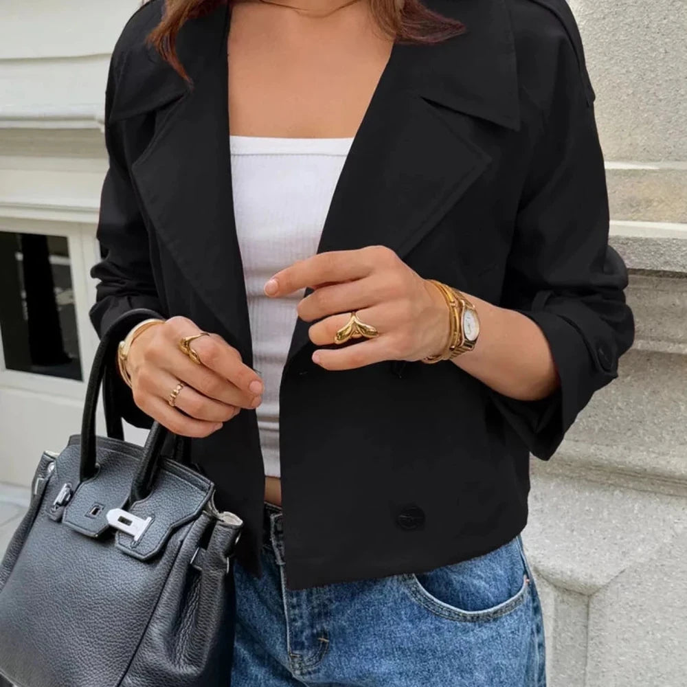 Cropped Double-Breasted Jacket with Raglan Sleeves