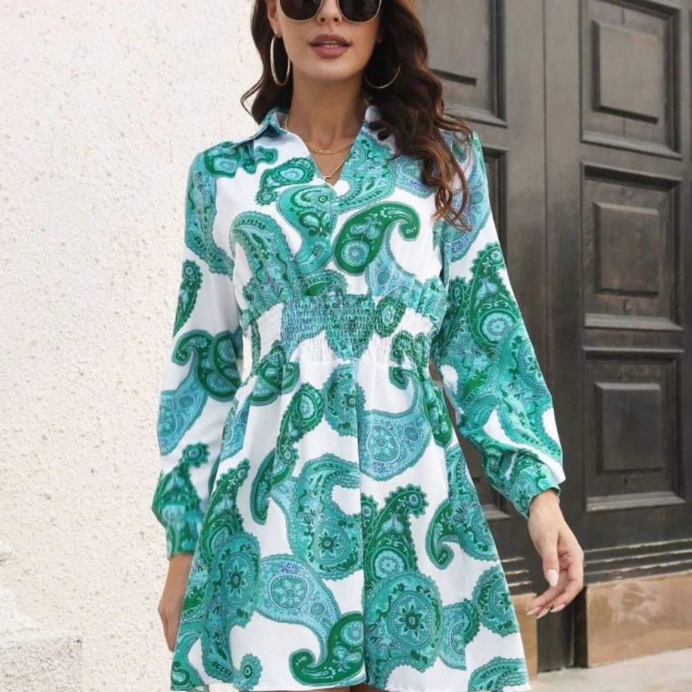 Paisley Print Smocked Collar Dress