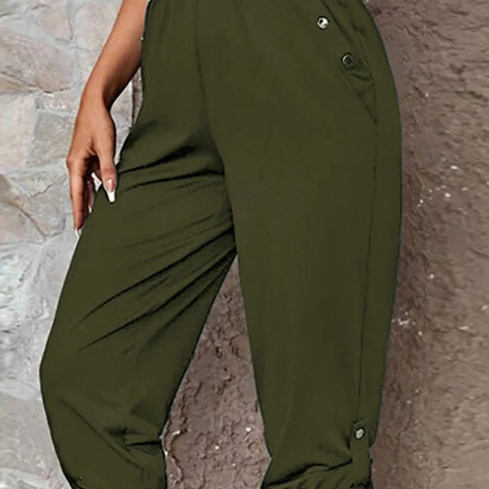 Solid Capris Pants with Roll-Tab