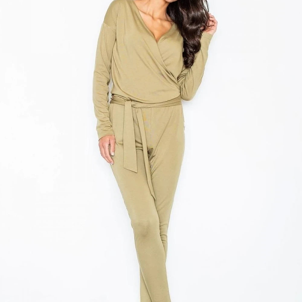 Women's Long Sleeve Jumpsuit with Belted Waist