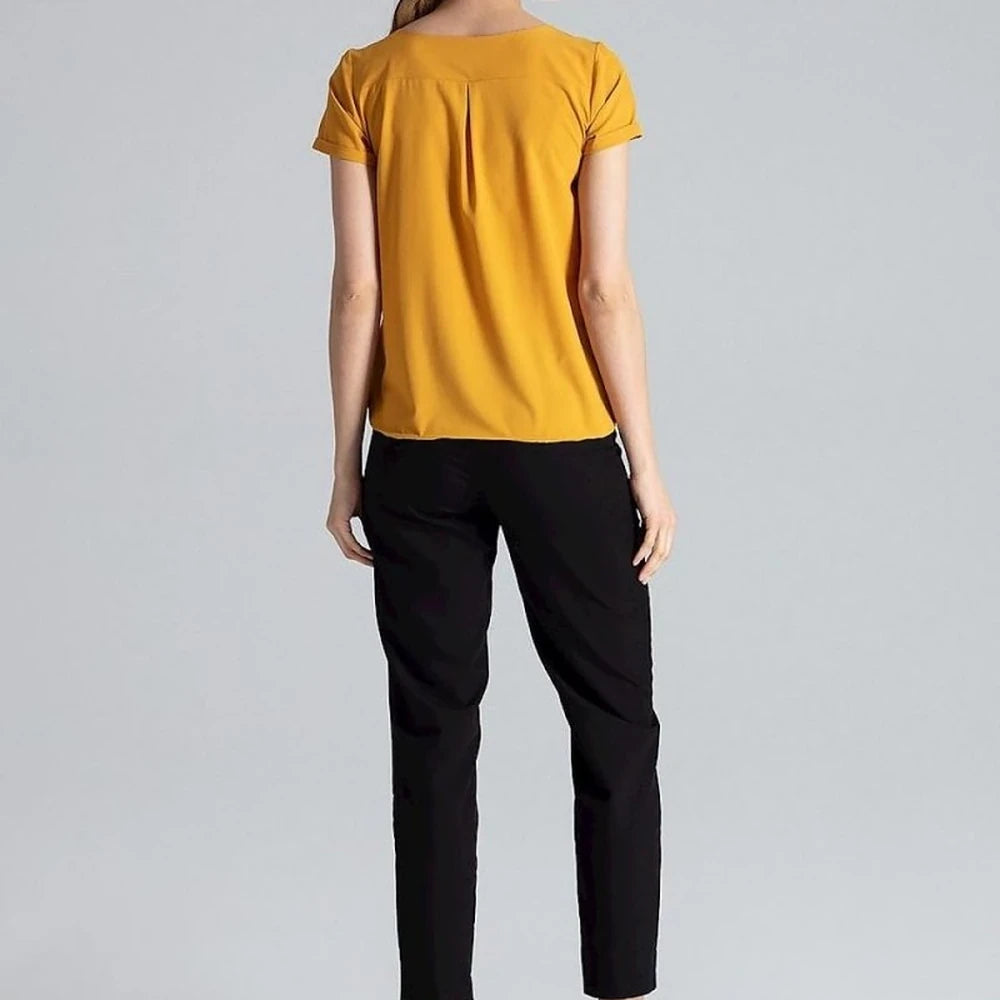 Heart Neck Blouse with Cuffed Short Sleeves