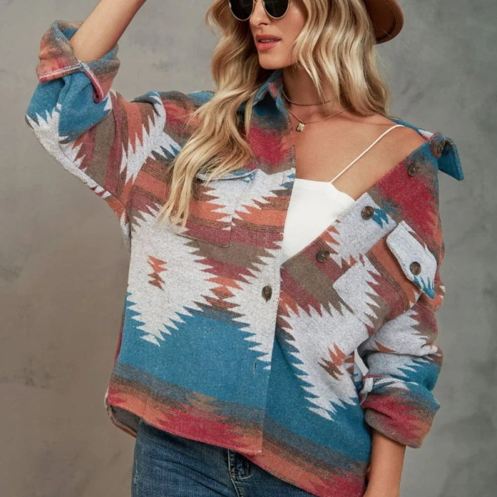 Printed Collared Neck Long Sleeve Casual Jacket